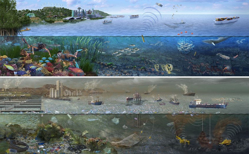 medical illustration of eco city, green design, climate change, global warming, landscape, mountain, sea, ecology, Environment, wayside, signage, diagram, textbook, exhibit, mural, food web, nature, environmental design, museum, zoo, aquarium, education, public outreach, student, life, animals, plants, ecology, landscape, scientist, ecologist, biologist, science expert, technical, display, donors, communication, corporate, non-profit, explainer graphic, overfishing, ecological collapse