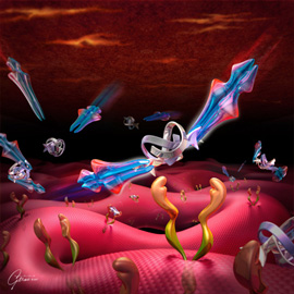 medical illustration of This 3D illustration depicts the therapeutic binding of the drug Lucentis to VEGF molecules within the choroid layer of the eye. This inhibits binding of VEGF to VEGF receptors on the choroidal vessels and derails an important step in the development of wet age-related macular degeneration, wet AMD. The illustration is a still derived from a 3D animated mode-of-action video created for the drug Lucentis by Geras Healthcare Productions.