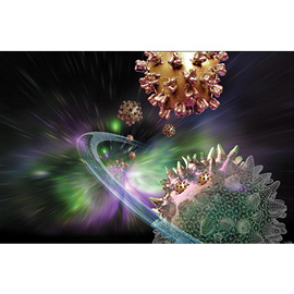 medical illustration of This is a conceptual advertising illustration depicting HIV and T cell penetration.