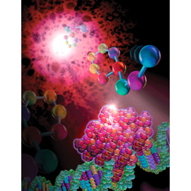 medical illustration of This conceptual illustration was used as an annual report cover and depicts the discovery and creation of a new chemical entity by the biotechnology firm.