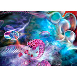 medical illustration of This illustration is derived from a 6 ft. exhibit mural painting that was one of a series of 6 murals created for a pharmaceutical client. It depicts one step in the role played by mitochondrial membrane-associated Bcl-2 family proteins in the induction of apoptosis.