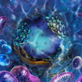 medical illustration of Cell interior with a view towards the nucleus. The illustration is derived from a 3D animated video describing the role of mitochondrial proteins in the induction of apoptosis. Both the illustration and the video were created for a pharmaceutical client.