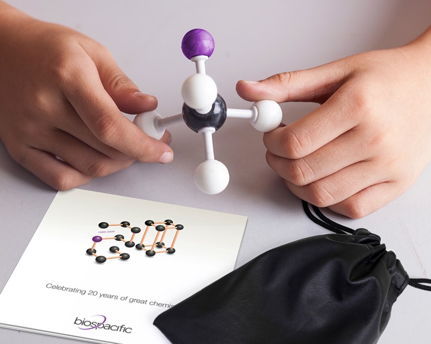 medical illustration of To celebrate their 20th anniversary, Biospacific wanted a campaign that would be both memorable and interactive. A giveaway promotional package was developed that started with a signature graphic playfully depicting a molecular modeling kit assembled into the number 20. This promotion included a brochure with custom iconography designed around their product lines, and an actual molecular modeling kit was given away with the brochure and catalog, beautifully tying into the campaign.