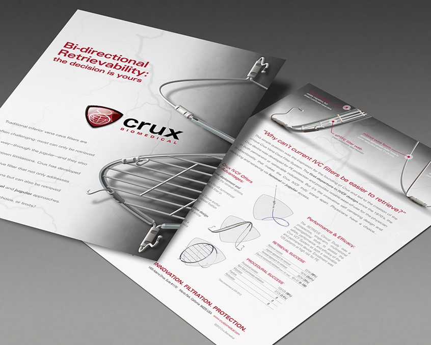 medical illustration of Blood clots are a dangerous condition that often requires a stint to be inserted into a vein. Enter Crux, a company who offers a unique filter that is easy to insert and retrieve, and has few of the risks associated other filters. Drawing on the protective essence of the product, a shield enclosure was created for the logo, and a stylized view of the product is shown tucked neatly into a vein. The innovations in the design are readily apparent, allowing the logo to be literally interpreted.