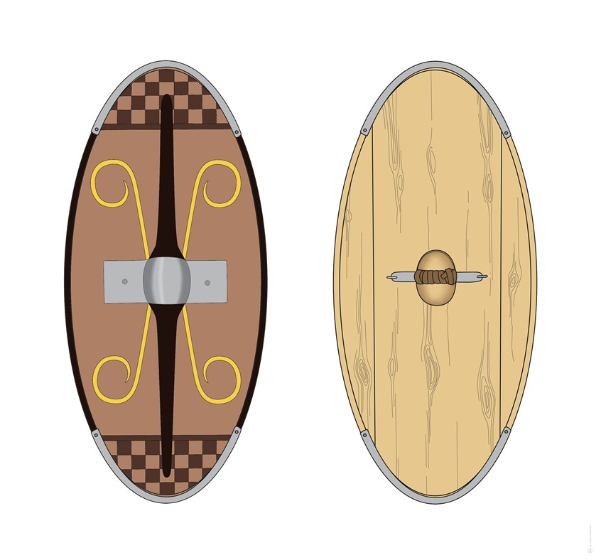 medical illustration of Front and back view of a Celtic shield boss, illustrated for a museums´ exhibition on Celtic craft. Reconstructive illustration of a 3D reproduction.
(Metal ages, Archaeological Illustration, Archaeology. Weaponry. Handicraft. Education. Research. Vector graphic. Archaeological Excavation. Scientific Visualisation. Celts. Human History. Tomb Findings. Weaponry. Reconstructive Illustration)