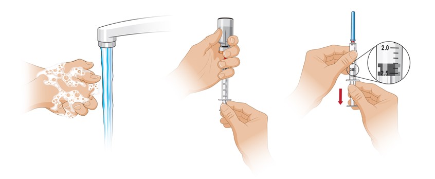 medical illustration of Series of images showing the proper preparation of medicine and administration. Hands operating syringe in preparation for injection.