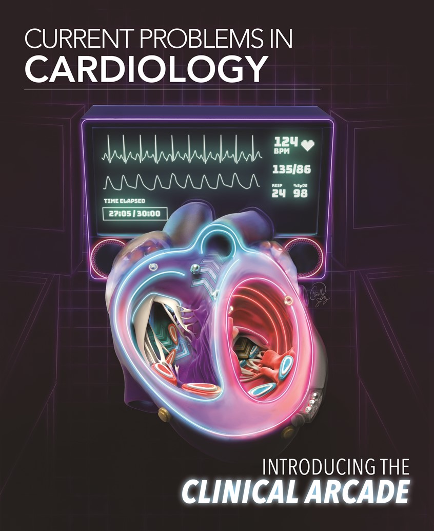 medical illustration of This collaborative illustration, created with Sam Bond, accompanies a paper introducing a new concept in rehabilitative intervention called the Clinical Arcade, utilizing commercially successful games and virtual reality programs to engage patients in cardiac rehabilitation. Taking inspiration from classic arcades and pinball machines, the piece playfully challenges practitioners to tilt their patient materials into the exploratory world of gaming.