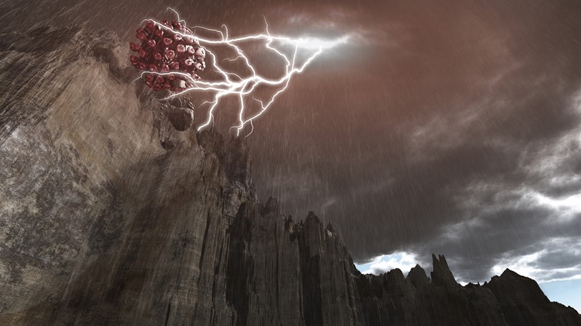 medical illustration of F/C illustration depicting Covid 19 as a high Cliff Storm, digital image, 3D, 3D character, photoshop image, photo-realism, realistic images, retouching 3D imaging, images of cutaways, technical images, science, scientific images, vector images, product images, medical, pharmaceutical, conceptual images, humor, animals, dinosaurs, landscapes, fantasy, people, corporate, book covers, magazines, fantasy.
