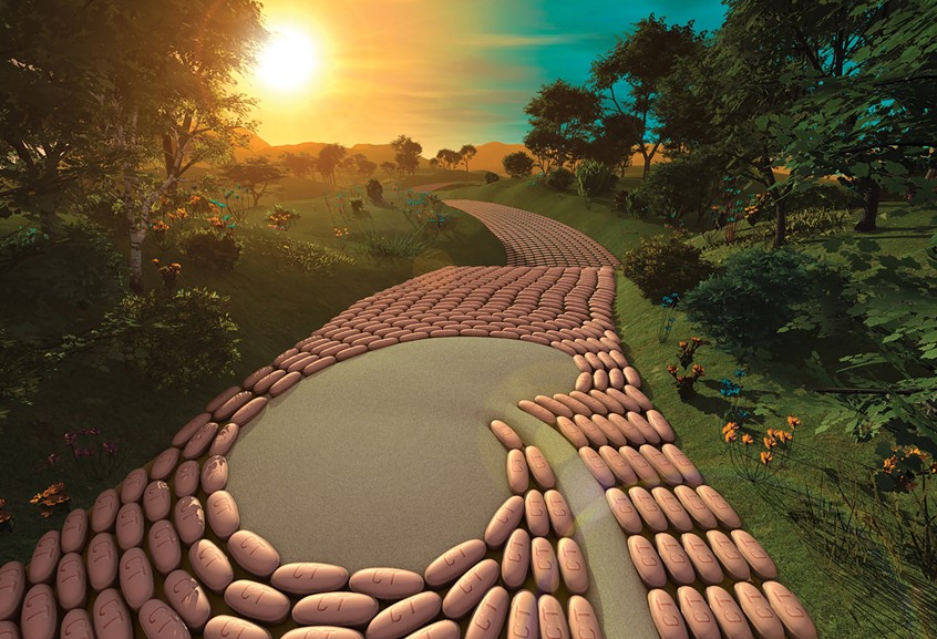 medical illustration of F/C illustration of road shaped as a kidney made out of pills, digital image, 3D, 3D character, photoshop image, photo-realism, realistic images, retouching 3D imaging, images of cutaways, technical images, science, scientific images, vector images, product images, medical, pharmaceutical, conceptual images, humor, animals, dinosaurs, landscapes, fantasy, people, corporate, book covers, magazines, fantasy.