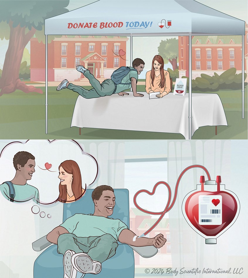 medical illustration of Vector illustrations and motion graphics were created for an e-learning serious game on polycystic kidney disease. The visuals follow a teenage blood donor who must consider how his family history of chronic kidney disease affects eligibility, using narrative to support learning.