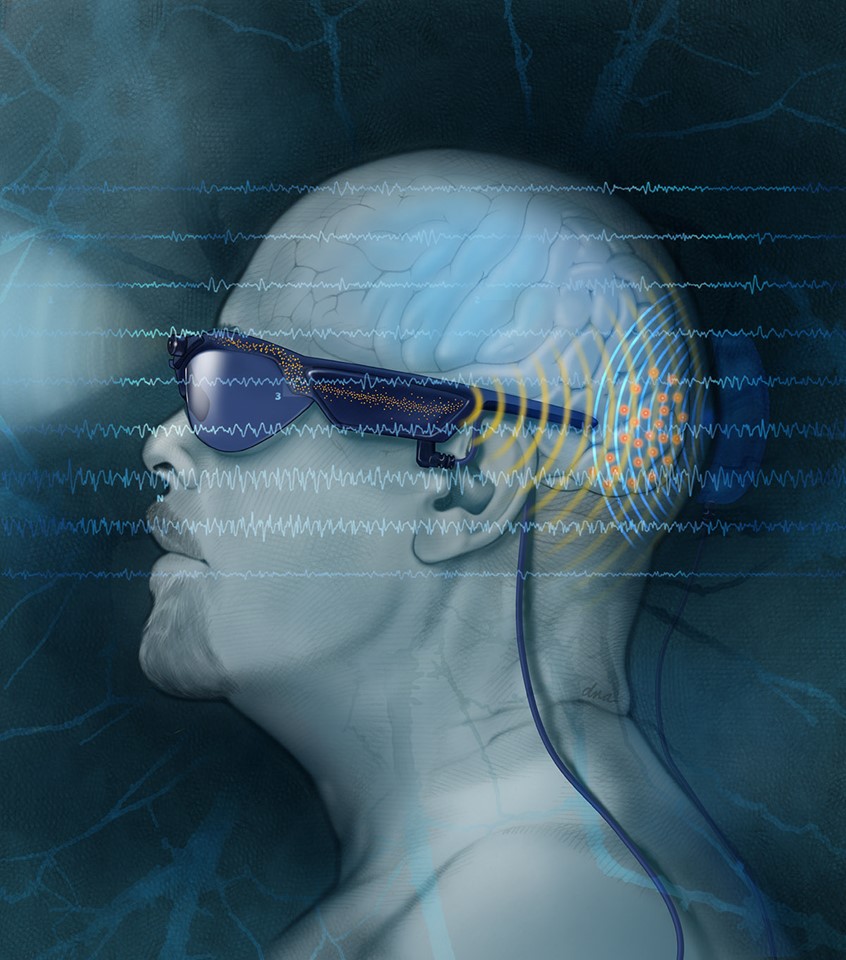 medical illustration of Depiction a cortical visual prosthesis system, featuring a patient wearing camera-equipped sunglasses and a transmitter that wirelessly relays signals to cortical implants. An overlaid EEG trace emphasizes the role of brain monitoring in minimizing seizure risk during testing. A large, faint neuronal cell body spans the composition, visually reinforcing the technology’s fundamental interaction with neurons.