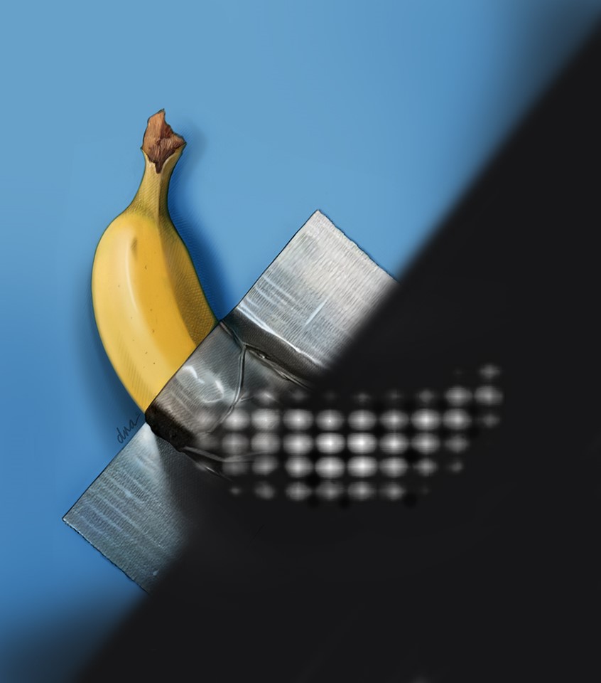 medical illustration of This illustration explores the use of smart saliency detection to improve visual perception for visual prosthesis users, pairing a familiar banana with its simulated phosphene representation. The banana is duct-taped to the image surface in a playful nod to popular culture. This is contrasted with the appearance of the phosphene view.